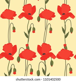 Seamless summer pattern with red poppies on beige background. For decorating textiles, packaging and wallpaper. Vector illustration.