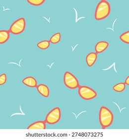 Seamless summer pattern with red sunglasses and flying seagulls on turquoise sky sea background for fabric print, tablecloth, wrapping paper and surface design