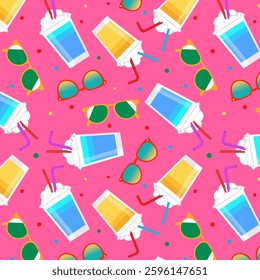 Seamless summer pattern with refreshing drinks, beer, sunglasses and colorful confetti circles on pink background fun, tropical bright design for seasonal web background projects textile