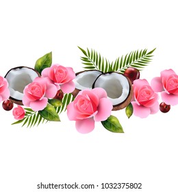 Seamless summer pattern with roses and cherries, halves of coconuts for your creation on a white background.