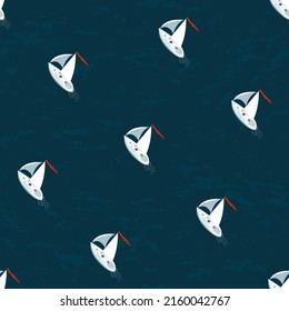 Seamless summer pattern with sailboats on the water surface, aerial view. Minimalist vector illustration.