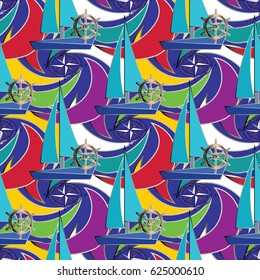Seamless summer pattern of sailboats and steering wheels nautical vector illustration. Blue marine background wallpaper with waves, modern ornaments. Luxury texture for fabric, print, bed linen, cloth