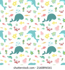 Seamless summer pattern with sea creatures. Vector marine illustration for baby, background, print, card, clothes, birthday. Hand-drawn dolphin, fish, whale, turtle, seahorse, starfish, crab, octopus