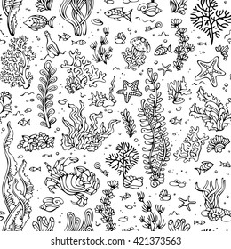 Seamless summer pattern of sealife. Vector cartoon outlined illustration. Various black contours of shell, algae, fish, starfish, bottle with a letter, key on white background. Coloured book template.