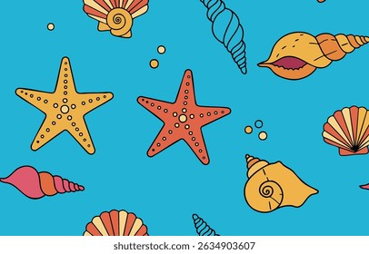 Seamless summer pattern with seashells and starfish in vibrant colors. Perfect for beach-themed designs, fabrics, packaging, and creative projects.