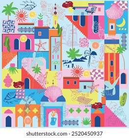 Seamless summer pattern. Seaside vacation vibes print. Palms, beach umbrella, sunglasses, ice lolly, fruits. star fish, flowers. Beach background. Season backdrop. Perfect for packaging, fabric