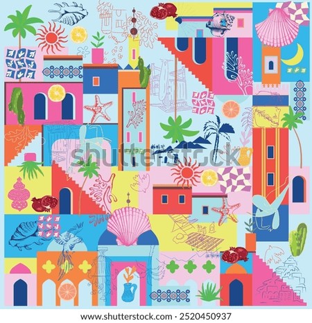 Seamless summer pattern. Seaside vacation vibes print. Palms, beach umbrella, sunglasses, ice lolly, fruits. star fish, flowers. Beach background. Season backdrop. Perfect for packaging, fabric