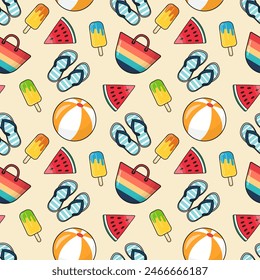 Seamless summer pattern.  A set of beach items. Design concept for summer vacation and travel. Rubber slippers, beach bag, inflatable ball, watermelon slice, popsicle.  Can be used for web design