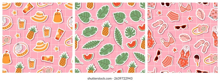Seamless summer pattern set with beach vacation items on a pink grid background. Features swimsuits, pineapples, watermelon slices, sunglasses, drinks, flipflops, cameras, and tropical leaves.