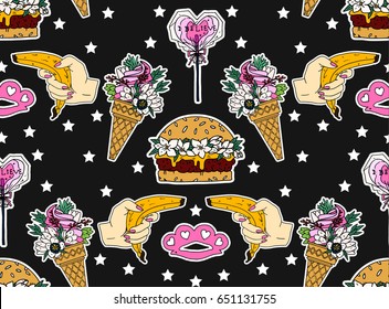 Seamless summer pattern. Set of stickers, pins, patches and handwritten notes collection in cartoon.Banana, ice cream, lollipop and hamburger. Vector illustration