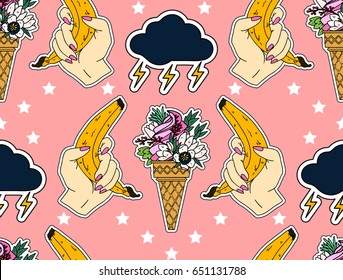 Seamless summer pattern. Set of stickers, pins, patches and handwritten notes collection in cartoon.Banana, ice cream,  and cloud. Vector illustration