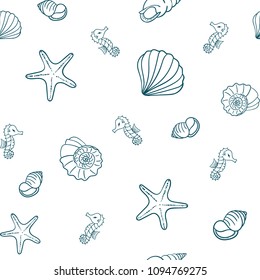 Seamless summer pattern with shells and sea horse. Endless ocean fabric print