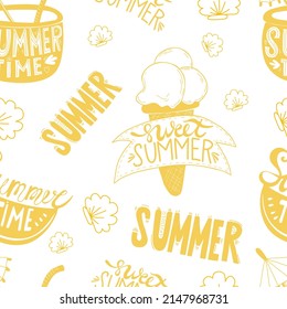 Seamless summer pattern. slice of watermelon, cocktail and ice cream with inscription Sweet Summer and Summer time on white background with seashells. Vector illustration for design, decor