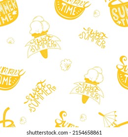 Seamless summer pattern. slice of watermelon and cocktail with inscription summer time and ice cream with sweet summer lettering on white background with seashells. Vector illustration for design deco