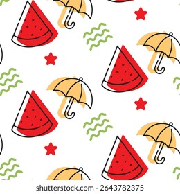 seamless summer pattern with a slice of watermelon and an umbrella in a white background. Red, green, and yellow colors.