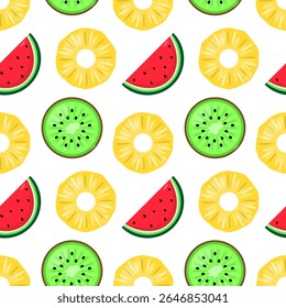 Seamless Summer Pattern with Sliced Tropical Fruits. Flat Style Pineapple, Watermelon, and Kiwi on White Background. Vector Illustration
