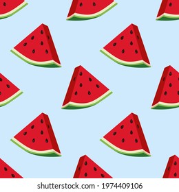 Seamless summer pattern with slices of watermelon on a blue background. Vector illustration for fabrics, covers, posters, wallpapers, kitchen utensils, postcards, banners, etc.