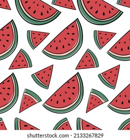 Seamless summer pattern with slices and slices of watermelon in a doodle style. Hello Summer. Watermelon pattern. Vector image.