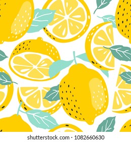 Seamless summer pattern with slices and whole lemons. Vector illustration.