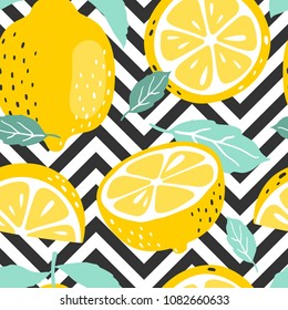 Seamless summer pattern with slices and whole lemons. Vector illustration.