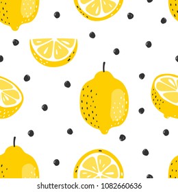 Seamless summer pattern with slices and whole lemons. Vector illustration.