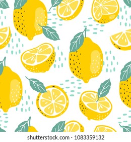 Seamless summer pattern with slices and whole lemons. Vector illustration.