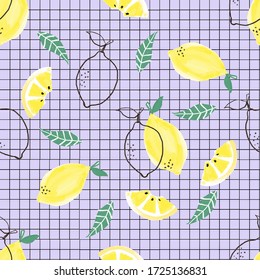 Seamless summer pattern with slices and whole lemons. Vector illustration.