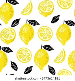 Seamless summer pattern with slices and whole lemons. Vector illustration. Template for print, textile, wallpaper cover and box design.