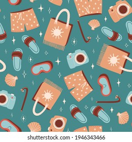 Seamless summer pattern with slippers or flip flops, swimming shorts and beach bag.  Vector illustration for fabric, wrapping paper, wallpaper, textile, background