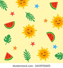 Seamless summer pattern with smiling sun, watermelon slices, tropical leaves and colorful stars on a yellow background. Suitable for children's designs, summer-themed products and gift wrapping.