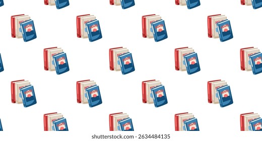 Seamless summer pattern with stacked books on white background. Cartoon vector background