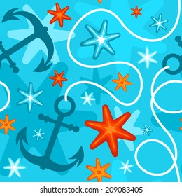 Seamless summer pattern with starfish and anchor on blue background