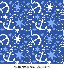 Seamless summer pattern with starfish and anchor on deep blue background