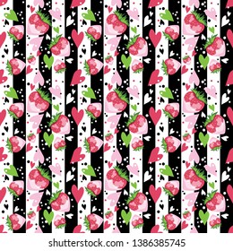 Seamless summer pattern with strawberries and hearts on the black vertical stripes on a white background. Vector illustration. Wrapping paper, poster, banner, modern textile design.