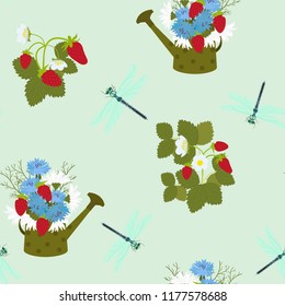 Seamless summer pattern with strawberries, wildflowers and dragonflies. For decoration of textiles, packaging and web design. Vector illustration.