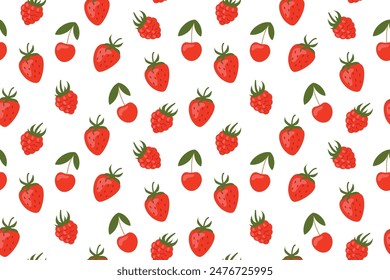 seamless summer pattern with strawberry, raspberry and cherry fruits, perfect for tablecloths, wallpapers, stationery items and design for summer events or farmers' markets- vector illustration