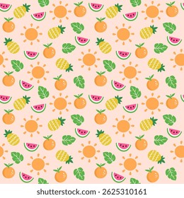 Seamless Summer Pattern with Sun, Tropical Fruits, and Monstera Leaves – Beach Holiday Background