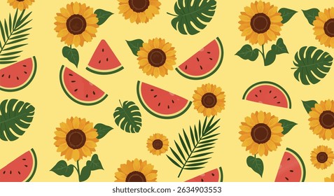 Seamless summer pattern with sunflowers and watermelon. Colorful, vibrant, and cheerful design, perfect for fabrics, packaging, wallpapers, and creative projects.