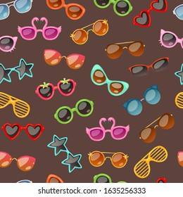 Seamless summer pattern with sunglasses for art, design and advertising. Cartoon colorful sunglasses in shapes of stars, flamingo, hearts on brown background.Summer vacation design.