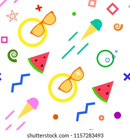 Seamless summer pattern with sunglasses, ice cream, watermelon and some geometrical elements, white background