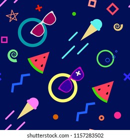 Seamless summer pattern with sunglasses, ice cream, watermelon and some geometrical elements, blue background