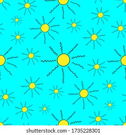 Seamless summer pattern with suns on a blue background for fabric, wallpaper, wrapping paper.