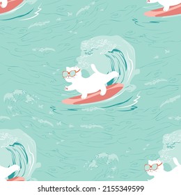 Seamless summer pattern with surfing cat. Template for poster, textile, wrapping paper, wallpaper