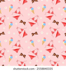 Seamless summer pattern with swimsuit, sunglasses and ice cream on a pink background