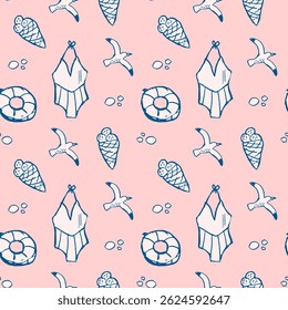 Seamless summer pattern with swimsuits, ice cream, seagulls, lifebuoys on pink background. dolce vita summer doodle vector illustration. Italian style.