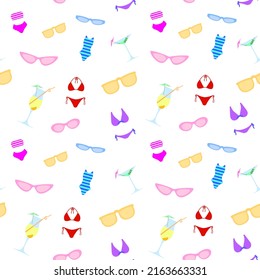 Seamless summer pattern with swimwear, glasses and cocktails isolated on a white background. Vector illustration