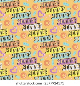 Seamless summer pattern with "SUMMER" text, flip-flops, float rings, sunglasses, and sunscreen. Perfect for textiles, packaging, and digital designs.