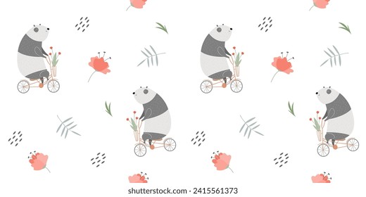 Seamless summer pattern for textiles: cute pandas on bicycles and beautiful flowers. Vector illustration.