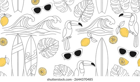 Padrão de verão sem costura com tucanos, pranchas de surfe, limões, ondas, óculos escuros e folhas de monstro. Preto e branco com limões amarelos.