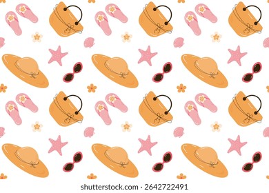 Seamless summer  pattern with transparent background. Ornament with beach  accessories. Summer holiday concept.Beach hat, bag, flip flops sunglasses,starfish. Flat cartoon design. Vector illustration